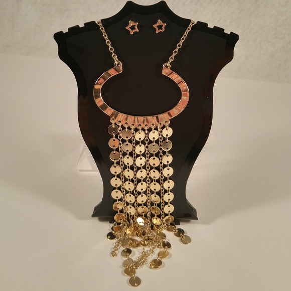 Necklace earring set gold tassel long U-shape star - Picture 1 of 4